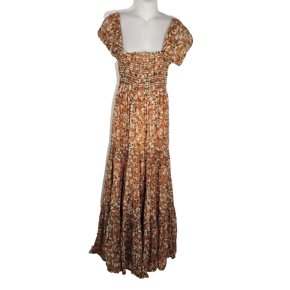 Southern Fried Chics Maxi Dress Small Orange Floral Cottagecore Smocked Tiered